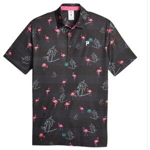 PUMA GOLF Palm Tree Crew PTC Polo Shirt Black/Pink Flamingo Palm Trees Size S